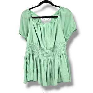 Torrid Mint Green Peplum Top Lace Up Back‎ Short Sleeve Smocked Waist